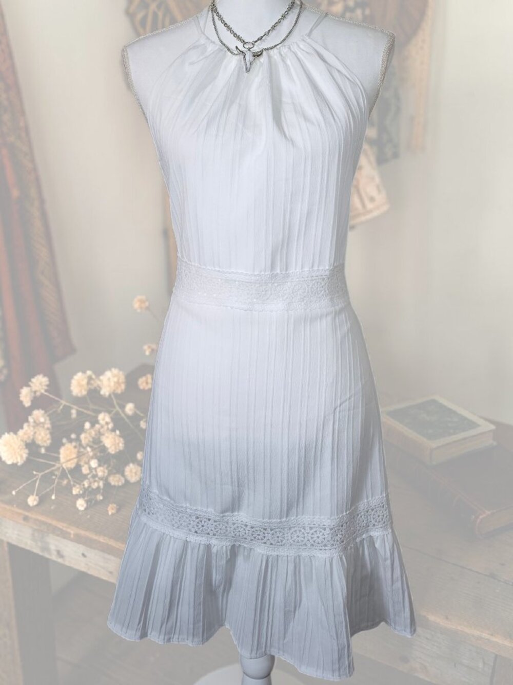 Halter White XXL Mini Dress Open Back Lace Ruffle Boho Summer Western Sundress